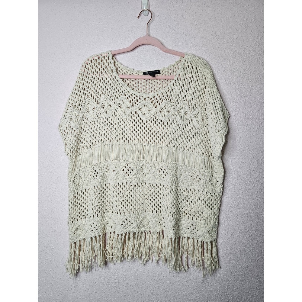 INC Cream Beige Crochet Fringe Poncho Open Knit Sweater 1X Boho Cotton Festival